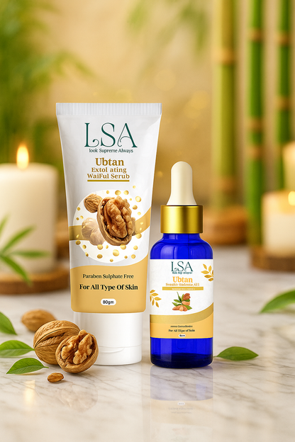 LSA Ubtan Radiance Ritual Duo – Exfoliating Walnut Scrub & Brightening Oil