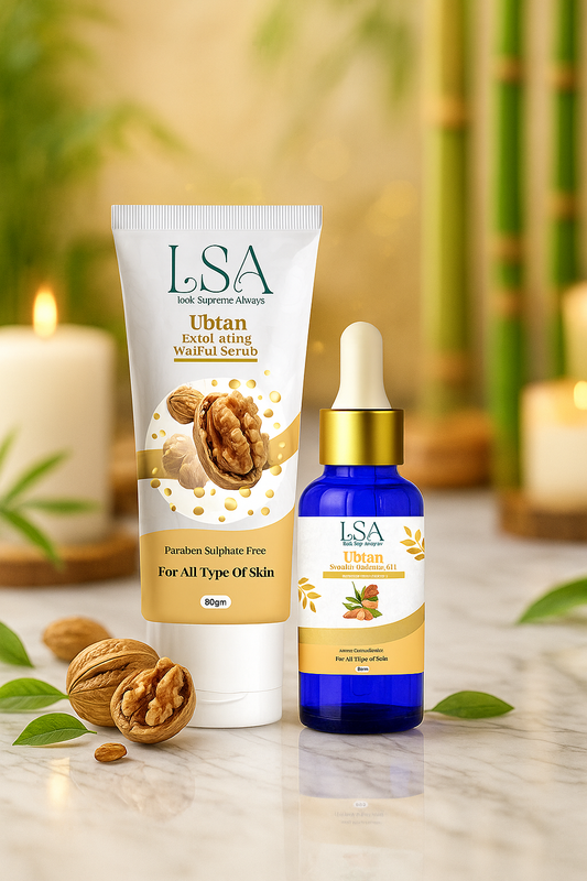 LSA Ubtan Radiance Ritual Duo – Exfoliating Walnut Scrub & Brightening Oil