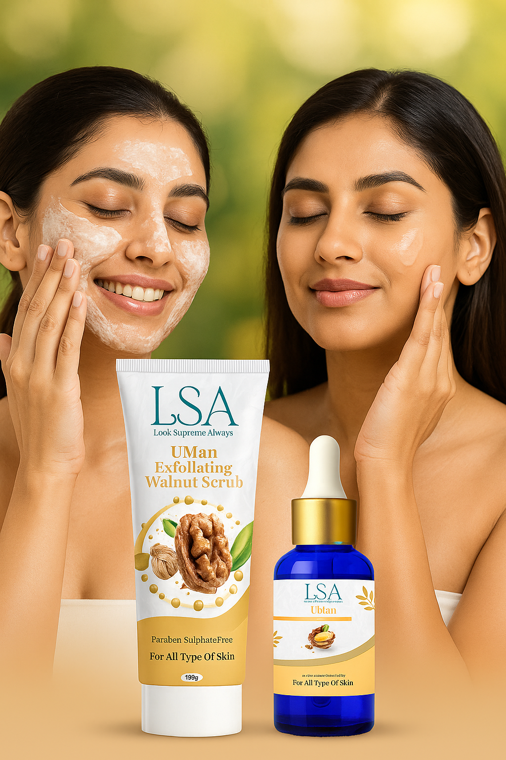 LSA Ubtan Radiance Ritual Duo – Exfoliating Walnut Scrub & Brightening Oil