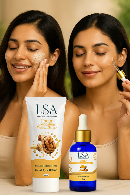 LSA Ubtan Radiance Ritual Duo – Exfoliating Walnut Scrub & Brightening Oil